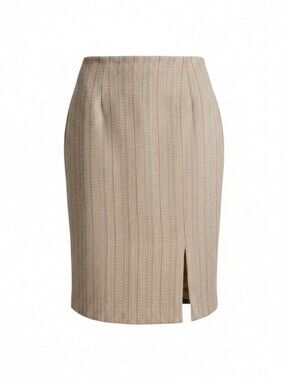 Wool Lined Vintage Beige Pinstripe Pencil Skirt with Front Slit